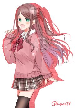 1girl akabane_youko black_thighhighs bow bowtie brown_hair cowboy_shot drop_shadow fang gradient_hair green_eyes hair_ornament hair_scrunchie hand_up hashtag-only_commentary highres multicolored_hair nijisanji pale_skin pink_nails pink_sweater plaid_bow plaid_bowtie plaid_clothes plaid_skirt polka_dot red_bow red_bowtie sakura_yuto scrunchie side_ponytail skirt solo sweater thighhighs twitter_username v-shaped_eyebrows