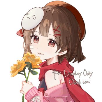 1girl armpit_crease bandaid bandaid_on_cheek bandaid_on_face bare_shoulders beret brown_eyes brown_hair character_request copyright_request double-parted_bangs flower from_side hair_ornament hairclip hashtag-only_commentary hat highres holding holding_flower looking_at_viewer mask mask_on_head parallel_hairclips parted_lips pyyuu red_hat red_scarf scarf short_hair simple_background smile solo upper_body white_background x_hair_ornament yellow_flower