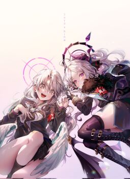 2girls ahoge armband black_boots black_shirt blue_archive blush boots braid closed_mouth commentary_request grey_eyes hair_ornament hairclip half_up_braid half_updo halo highres hina_(blue_archive) horns korean_commentary long_hair long_sleeves looking_at_viewer low_wings multiple_girls neckerchief open_mouth parted_bangs parted_hair purple_eyes sailor_collar school_uniform shirt side_slit sidelocks thighs wavy_hair white_background white_hair white_neckerchief white_wings wings yp1091