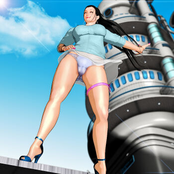 1girl black_hair bracelet breasts cameltoe cloud day earrings from_below high_heels jewelry kill_the_king large_breasts legs long_hair mature_female nail_polish nico_robin panties pantyshot skirt sky solo sweater underwear upskirt white_panties wind wind_lift