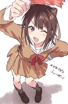 1girl ;d arm_up bang_dream! bang_dream!_girls_band_party! breasts brown_dress brown_hair brown_shoes collarbone commentary cone_hair_bun double_bun dress full_body grey_socks hair_bun hanasakigawa_school_uniform hand_on_own_hip hashtag highres holding light_blush loafers long_sleeves looking_at_viewer medium_breasts medium_hair neck_ribbon one_eye_closed open_mouth purple_eyes red_ribbon revision ribbon sailor_dress school_uniform shadow shoes sidelocks simple_background smile socks solo toyama_kasumi translation_request v-shaped_eyebrows white_background winter_uniform yukitake_(bullfalk)