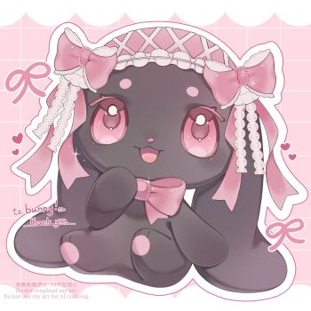 Rule 34 | :3, :d, animal, animal focus, bow, commentary, commission, full body, grid background, highres, iwasi 29, no humans, open mouth, original, outline, pink background, pink bow, pink eyes, rabbit, skeb commission, smile, solo, watermark, white outline