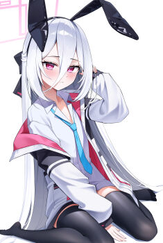 Rule 34 | 1girl, absurdres, animal ear hairband, animal ears, black bow, black thighhighs, blue archive, blue necktie, blush, bow, closed mouth, collared shirt, dot nose, fake animal ears, flat chest, hair between eyes, hairband, half updo, halo, highres, jacket, kei (blue archive), kei (new body) (blue archive), long hair, long hair between eyes, looking at viewer, loose necktie, necktie, open clothes, open jacket, pink halo, rabbit ear hairband, rabbit ears, rectangular halo, red eyes, ringed eyes, shirt, simple background, sitting, solo, thighhighs, tiokun7, very long hair, wariza, white background, white hair, white jacket, white shirt, zettai ryouiki