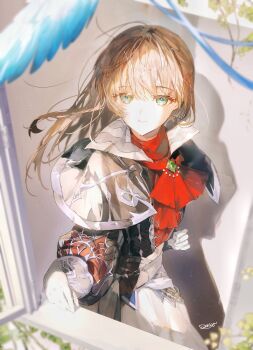 1girl ascot bird black_jacket blue_bird brown_hair closed_mouth commentary_request final_fantasy final_fantasy_xiv gloves green_eyes highres hyur jacket long_hair long_sleeves looking_at_viewer open_window red_ascot shikina_(mochigushi_) signature skirt solo warrior_of_light_(ff14) white_gloves white_skirt window