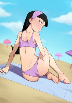 1girl ass back bare_legs bare_shoulders barefoot beach beach_towel beach_umbrella bikini black_hair blue_eyes closed_mouth cloud dimples_of_venus eyeliner feet female_focus from_behind full_body hairband hand_on_own_knee highres loli long_hair looking_at_viewer looking_back makeup nape outdoors purple_bikini purple_hairband sand shiny_skin shoulder_blades sitting sky soles solo swimsuit the_fairly_oddparents thighs toes towel trixie_tang umbrella vyzov_tv yokozuwari