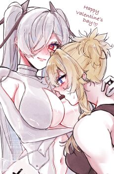 Rule 34 | 2girls, arm under breasts, armpit cutout, between breasts, blonde hair, blue eyes, blush, bodysuit, breasts, chocore, cinderella (nikke), cleavage, closed mouth, clothing cutout, commentary request, folded hair, food, food between breasts, food in mouth, gloves, goddess of victory: nikke, grave (nikke), hair over one eye, highres, large breasts, leg cutout, long hair, multiple girls, navel, navel cutout, one eye covered, pocky, red eyes, see-through bodysuit, see-through clothes, shiny eyes, sidelocks, simple background, smile, stomach cutout, twintails, valentine, very long hair, white background, white bodysuit, white hair, yuri