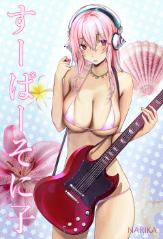 Rule 34 | 1girl, absurdres, artist name, bare shoulders, bikini, blush, breasts, cleavage, commentary, flower, guitar, headphones, highres, holding, holding guitar, holding instrument, holding plectrum, instrument, jewelry, large breasts, long hair, looking to the side, narika (narikakkkk), necklace, nitroplus, pink bikini, pink eyes, pink flower, pink hair, plectrum, shell, solo, star (symbol), star symbol background, super sonico, swimsuit, thighs