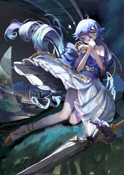 Rule 34 | 1girl, alternate costume, blue hair, bug, butterfly, camera, commentary request, dress, exquisite kamera, genshin impact, glass, highres, holding, holding camera, insect, layla (genshin impact), long hair, looking at viewer, night, sitting, sky, star (sky), star (symbol), umbrella, uwaaatsutsuaa, water