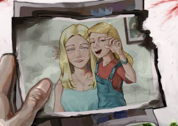 2girls absurdres aged_down aqua_dress beth_smith blonde_hair blood blood_on_ground blue_eyes blue_overalls bracelet brown_eyes burned_paper carrying child child&#039;s_drawing child_carry crayon_drawing diane_sanchez dress fingernails grin hair_ornament hairclip highres holding holding_photo husband_and_wife jewelry long_hair looking_at_viewer mother_and_daughter multiple_girls necklace overalls photo_(object) portrait_(object) red_lips red_shirt rick_and_morty rick_sanchez shirt smile user_eddz3383 wrinkled_skin