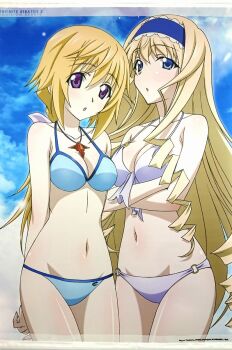 2girls arms_behind_back bikini blonde_hair blue_bikini breasts cecilia_alcott charlotte_dunois cleavage crossed_arms drill_hair front-tie_bikini_top front-tie_top hair_ribbon hairband highres infinite_stratos large_breasts long_hair looking_at_viewer low_ponytail multiple_girls official_art open_mouth ponytail purple_bikini purple_eyes ribbon swimsuit tongue