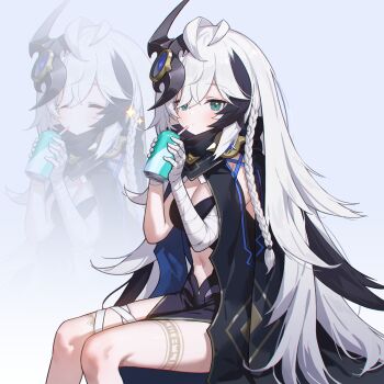 1girl adelie_cat ahoge bandaged_arm bandaged_leg bandages black_coat black_hair blush braid braided_sidelock breasts cleavage closed_eyes clothing_cutout coat coat_on_shoulders colored_inner_hair cosette_(stella_sora) drink feet_out_of_frame green_eyes grey_background hair_ornament highres holding holding_drink looking_at_viewer medium_breasts multicolored_hair simple_background sitting solo stella_sora stomach_cutout white_hair zoom_layer