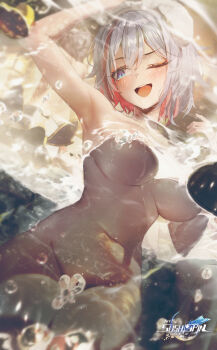 1girl absurdres arm_up armpits artist_logo blue_eyes blush breasts bubble colored_inner_hair commentary convenient_censoring diamond-shaped_pupils diamond_(shape) hand_on_own_head highres honkai:_star_rail honkai_(series) logo logo_parody looking_at_animal medium_breasts multicolored_hair navel nude numby_(honkai:_star_rail) one_eye_closed open_mouth partially_submerged pink_hair short_hair smile solo stomach streaked_hair sushispin symbol-shaped_pupils topaz_(honkai:_star_rail) towel towel_on_head trotter_(honkai:_star_rail) white_hair