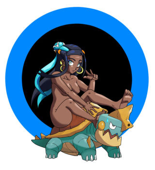 1girl aqua_eyes aqua_hair armpits barefoot black_hair breasts clenched_hand collarbone completely_nude convenient_leg dark-skinned_female dark_nipples dark_skin drednaw ear_piercing earrings eyelashes feet female_focus floating_hair full_body gen_8_pokemon gym_leader hair_bun hoop_earrings hpn03 jewelry legs long_hair looking_at_viewer looking_to_the_side medium_breasts multicolored_hair neck nessa_(pokemon) nintendo nipples nude nudist piercing pokemon pokemon_(creature) pokemon_swsh riding riding_pokemon serious sidelocks soles streaked_hair sweatdrop thighs toes two-tone_background v worried