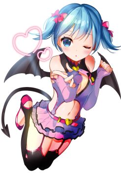 Rule 34 | 1girl, 6 (roku), aqua eyes, aqua hair, belt, black thighhighs, blue eyes, blue hair, blush, bow, breasts, cleavage, cleavage cutout, clenched hand, clothing cutout, demon girl, demon tail, demon wings, elbow gloves, female focus, fingerless gloves, full body, garter straps, gloves, hair bow, hatsune miku, hatsune miku (heart hunter), heart, heart cutout, heart hunter, looking at viewer, matching hair/eyes, miniskirt, navel, omucchan (omutyuan), one eye closed, project diva, project diva (series), purple gloves, ribbon, shoes, short twintails, simple background, skirt, solo, tail, thighhighs, twintails, vocaloid, white background, wings
