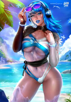 1girl absurdres beach blue_eyes blue_hair blue_lips breasts bridal_gauntlets eyewear_on_head headphones heterochromia highres large_breasts logan_cure long_hair looking_at_viewer luna_snow luna_snow_(cool_summer) marvel marvel_rivals multicolored_hair navel official_alternate_costume one-piece_swimsuit palm_tree parted_lips see-through_clothes see-through_one-piece_swimsuit shrug_(clothing) split-color_hair swimsuit tree two-tone_hair underboob white_hair yellow_eyes