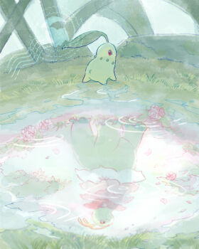 all_fours antennae chikorita colored_skin commentary_request flower full_body gen_2_pokemon grass green_skin highres leaf leaf_on_head mega_meganium meganium neck_flower nintendo no_humans outdoors pink_flower pink_petals pokemon pokemon_(creature) pokemon_focus red_eyes reflection reflective_liquid upside-down water white_flower yurano_(upao)