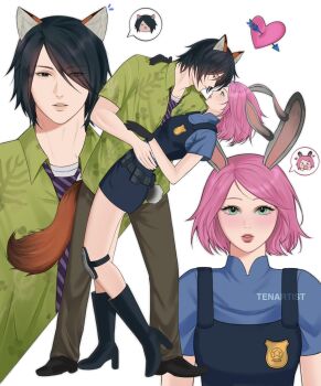 Rule 34 | > <, 1boy, 1girl, :d, alternate costume, animal ears, arrow through heart, artist name, belt, bent back, black belt, black boots, black eyes, black gloves, black hair, blue dress, blue shirt, bob cut, boots, boruto: naruto next generations, brown pants, brown shoes, chibi, chibi inset, commentary, cosplay, diagonal-striped clothes, diagonal-striped necktie, dress, english commentary, eye contact, eyelashes, eyes visible through hair, fox boy, fox ears, from side, full moon, gloves, green eyes, green shirt, hair over one eye, hand on another's shoulder, hand on another's waist, haruno sakura, height difference, high heel boots, high heels, highres, judy hopps, judy hopps (cosplay), knee boots, knee pads, leaning back, light blush, lipgloss, looking at another, looking at viewer, mandarin collar, moon, multiple views, naruto (series), necktie, nick wilde, nick wilde (cosplay), open mouth, pants, parted lips, pink hair, plant print, police, police badge, police uniform, policewoman, purple necktie, rabbit ears, rabbit girl, rabbit tail, shirt, shirt under dress, shoes, short sleeves, single knee pad, smile, straight hair, striped clothes, swept bangs, tail, teeth, tenartistt, uchiha sasuke, upper body, utility belt, watermark, white background, zootopia