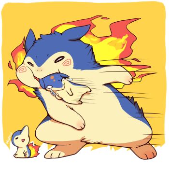 biting chibi crying cyndaquil evolution evolutionary_line fiery_tail fire gen_2_pokemon highres huiro mouth_hold nintendo no_humans pokemon pokemon_(creature) quilava simple_background tail tears typhlosion