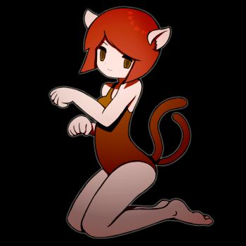 Rule 34 | 1girl, animal ears, arched back, bare arms, bare legs, bare shoulders, barefoot, beeru (veil8801), black background, breasts, brown eyes, cat ears, cat girl, cat tail, closed mouth, commentary request, demon (megami tensei), full body, kneeling, leotard, medium breasts, megami tensei, megami tensei (famicom), multiple tails, nekomata, nekomata (megami tensei), paw pose, red hair, short hair, simple background, smile, solo, tail, tail raised, two tails