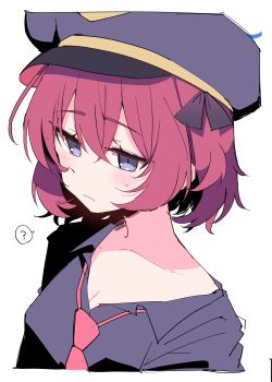 Rule 34 | 1girl, ?, absurdres, alternate hair length, alternate hairstyle, black hat, black shirt, blue archive, blue halo, blush, breasts, cleavage, closed mouth, collarbone, commentary request, hair between eyes, halo, hat, highres, himiya jouzu, iroha (blue archive), looking at viewer, necktie, official alternate hairstyle, red hair, red necktie, shirt, short hair, simple background, small breasts, solo, spoken question mark, white background