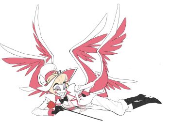 1boy ash_im black_boots black_bow black_bowtie black_hands blonde_hair boots bow bowtie cane coat colored_extremities colored_sclera colored_skin commentary_request full_body grin half-closed_eyes hand_on_own_hip hat hazbin_hotel hellaverse high_heel_boots high_heels holding holding_cane knee_boots korean_commentary long_sleeves looking_at_viewer lucifer_morningstar_(hazbin_hotel) lying male_focus multiple_wings on_side open_clothes open_coat pants red_wings sharp_teeth shirt short_hair simple_background smile solo striped_clothes striped_vest teeth top_hat traditional_bowtie vest white_background white_coat white_hat white_pants white_shirt white_skin white_vest white_wings wings yellow_sclera