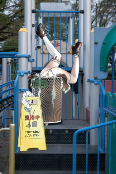 1girl ass clothing_cutout commentary english_commentary frilled_panties frilled_thighhighs frills heart_cutout highres indie_virtual_youtuber legs_up luwudco maid_headdress meme mint_fantome mole mole_on_ass multicolored_hair panties photo-referenced photo_background single_thighhigh solo thighhighs trash_can underwear virtual_youtuber white_panties