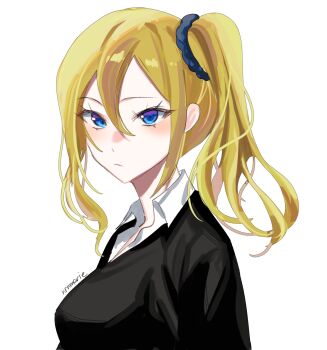 1girl artist_name black_sweater blonde_hair blue_eyes blue_scrunchie blush breasts closed_mouth collared_shirt commentary double-parted_bangs english_commentary hair_between_eyes hair_ornament hair_scrunchie hayasaka_ai highres kaguya-sama_wa_kokurasetai_~tensai-tachi_no_renai_zunousen~ long_hair looking_at_viewer medium_breasts nrnmarie scrunchie shirt side_ponytail simple_background solo sweater upper_body white_background white_shirt