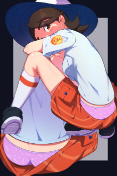 1girl absurdres accidental_exposure ahoge ass braid breasts brown_eyes brown_hair clothes_pull euf-dreamer female_focus from_behind full_body hat heel_up highres juliana_(pokemon) kneepits legs long_hair looking_at_viewer looking_back matching_hair/eyes multiple_views naranja_academy_school_uniform nintendo panties pink_panties pokemon pokemon_sv print_panties school_uniform shoe_soles shoes short_sleeves shorts shorts_pull side_braid sitting small_breasts sneakers socks sun_hat underwear white_socks