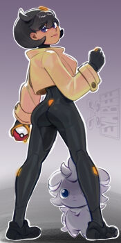 1girl ahoge arm_at_side artist_logo artist_name ass black_bodysuit black_hair blush bob_cut bodysuit brown_jacket commentary cropped_jacket dark-skinned_female dark_skin emma_(pokemon) english_commentary espurr expressionless eymbee facing_away full_body gen_6_pokemon gradient_background grey_background hair_ornament hand_up highres holding holding_poke_ball jacket light_blush lips logo long_sleeves looking_at_viewer looking_back nintendo outline pink_lips poke_ball pokemon pokemon_legends:_z-a purple_eyes shadow short_hair solo spread_legs standing swept_bangs white_outline