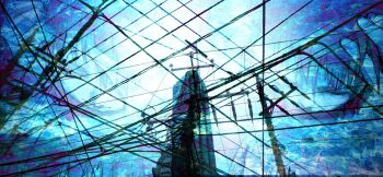 1990s_(style) 1girl blue_theme closed_eyes female_focus highres iwakura_lain power_lines retro_artstyle serial_experiments_lain solo static utility_pole