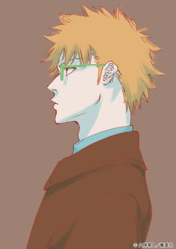 1boy bleach brown_eyes brown_jacket closed_mouth glasses jacket japanese_text kubo_tite kurosaki_ichigo male_focus official_art orange_hair profile short_hair simple_background spiked_hair upper_body