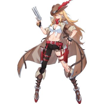 1girl artist_request asymmetrical_legwear belt belt_buckle black_belt black_bra black_gloves blonde_hair boots bra brown_belt brown_boots brown_coat brown_collar buckle closed_mouth coat collar collared_coat cowboy_boots cowboy_hat cowboy_western final_gear fingerless_gloves full_body g-string gloves gun handgun hat highres holding holding_gun holding_weapon holster holstered jessie_(final_gear) leg_belt long_hair long_sideburns long_sidelocks looking_to_the_side midriff mismatched_legwear navel official_art pants purple_eyes red_belt red_collar revolver shirt shoe_belt short_hair sideburns sidelocks simple_background sleeve_cuffs sleeves_rolled_up smile solo tachi-e third-party_source thong tied_shorts torn_clothes torn_pants transparent_background underwear weapon white_shirt