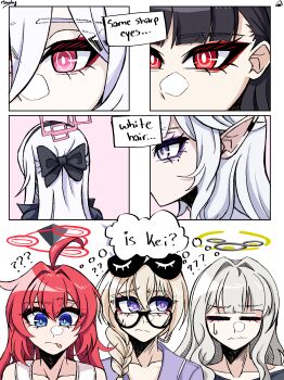 6+girls absurdres ahoge alternate_costume alternate_hairstyle black_hair black_hairband blonde_hair blue_archive blue_eyes blush braid bright_pupils commentary english_commentary english_text glasses hair_between_eyes hair_over_shoulder hairband halo hare_(blue_archive) highres himari_(blue_archive) kei_(blue_archive) kei_(new_body)_(blue_archive) kotama_(blue_archive) kumori0_(cloudy) long_hair maki_(blue_archive) mole mole_under_eye multiple_girls pointy_ears purple_eyes red_eyes red_hair ringed_eyes rio_(blue_archive) single_braid speech_bubble sweatdrop thought_bubble white_hair white_pupils