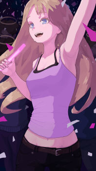 1girl absurdres armpits black_bra black_pants blonde_hair blue_eyes bra breasts camisole cleavage commentary confetti dated_commentary glowstick highres holding holding_glowstick jordan_reine medium_breasts midriff navel open_mouth original pants purple_camisole smile solo sweat underwear upper_body