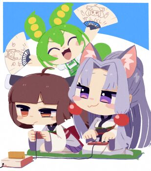 3girls :3 :d ^_^ ahoge animal_ears blunt_bangs blush_stickers brown_eyes chibi chibi_only closed_eyes closed_mouth commentary controller famicom fox_ears game_cartridge game_console game_controller green_hair hand_fan headgear highres holding holding_controller holding_fan holding_game_controller japanese_clothes kimono konohoshi long_hair long_sleeves multiple_girls no_lineart open_mouth outstretched_arms parted_bangs playing_games pleated_skirt purple_eyes purple_hair purple_skirt red_sash sash seiza shirt short_hair short_sleeves sidelocks sitting skirt smile symbol-only_commentary touhoku_itako touhoku_kiritan v-shaped_eyebrows voiceroid voicevox white_kimono white_shirt wide_sleeves zundamon