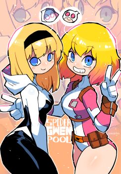 2girls absurdres black_hairband blonde_hair blue_eyes blush breasts closed_mouth colored_tips double_v eyelashes gwen_stacy gwenpool hairband highres hood hood_down marvel medium_hair multicolored_hair multiple_girls outline pink_hair pouch rariatto_(ganguri) smile spider-gwen spider-man_(series) superhero_costume teeth thighs v white_outline zoom_layer