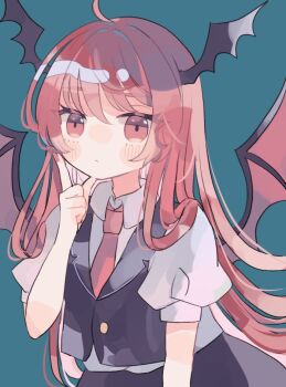 1girl black_skirt black_vest blush collared_shirt commentary_request demon_wings green_background head_wings hiyuu_(hiyualice) koakuma long_hair looking_at_viewer necktie puffy_short_sleeves puffy_sleeves red_eyes red_hair red_nails shirt short_sleeves simple_background skirt solo touhou vest white_shirt wings