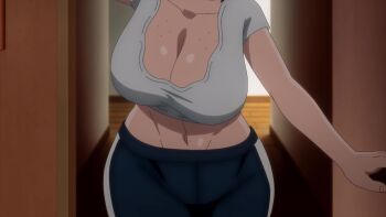 1girl aki_mary animated anime_screenshot black_hair breasts camisole cleavage collarbone curvy doctor door freckles freckles_on_breasts glasses gym_shorts highres huge_breasts lips medium_hair navel no_bra sagging_breasts shorts sound stomach tagme tall_female thick_eyebrows thick_lips thick_thighs thighs tougen_anki video white_camisole yellow_eyes