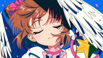 1girl angel_wings blush brown_hair cardcaptor_sakura closed_eyes closed_mouth dot_nose eyelashes falling_petals film_grain floating_hair kinomoto_sakura kinomoto_sakura_(astral_sakura) lace_collar magical_girl minini_(@mofumofu_alien) petals shirt short_hair smile solo star_(symbol) white_shirt white_wings wings