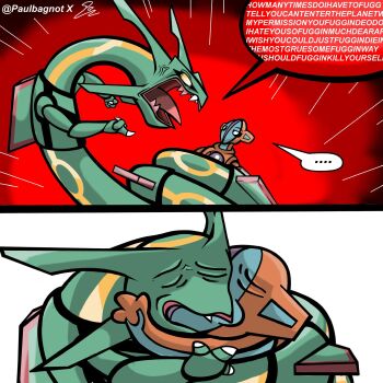 alien angry before_and_after claws crazy_eyes deoxys deoxys_(normal) disgust dragon emphasis_lines english_text face-to-face fang fangs gen_3_pokemon highres hug index_finger_raised kiss legendary_pokemon looking_at_another meme mythical_pokemon nintendo no_humans open_mouth paulbagnot pokemon pokemon_(creature) rayquaza restrained serious shaded_face sharp_teeth skin_fang tail teeth tentacles violence what yellow_eyes yoshi_and_toad_kissing_(meme)