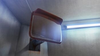 Rule 34 | commentary request, concrete, fluorescent lamp, hamachi no senaka (buri no nitsuke), indoors, mirror, no humans, object focus, original, realistic, shadow, still life, traffic mirror