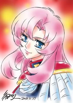 Rule 34 | 1girl, 2018, blue eyes, dated, epaulettes, female focus, flower, gakuran, highres, kagawa hisashi, long hair, pink hair, portrait, rose, school uniform, shoujo kakumei utena, signature, smile, solo, tenjou utena, white flower, white rose