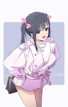 1girl black_hair blue_eyes coat dated grey_background hair_ribbon highres looking_at_viewer monai-chan_(nii_manabu) nii_manabu open_mouth original pink_ribbon ribbon signature solo standing thighs twintails two-tone_background white_coat
