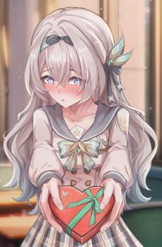 Rule 34 | 1girl, absurdres, black bow, blue pupils, blush, bow, box, collarbone, colored tips, commentary request, firefly (honkai: star rail), firefly (spring missive) (honkai: star rail), green bow, grey hair, grey sailor collar, hair bow, heart-shaped box, hibachaaa, highres, holding, holding box, honkai: star rail, honkai (series), long hair, long sleeves, multicolored hair, plaid bow, plaid clothes, plaid skirt, purple eyes, sailor collar, school uniform, shirt, skirt, solo, valentine, white shirt