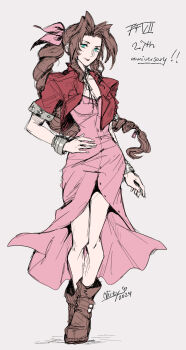1girl 2024 aerith_gainsborough anniversary artist_name bangle boots bracelet braid braided_ponytail breasts brown_boots brown_hair center_opening choker copyright_name cropped_jacket dress final_fantasy final_fantasy_vii full_body green_eyes grey_background hair_ribbon hand_on_own_hip herzloserengel highres jacket jewelry light_smile long_dress long_hair looking_at_viewer medium_breasts parted_bangs pink_dress pink_ribbon red_jacket ribbon ribbon_choker short_sleeves sidelocks single_braid sketch solo