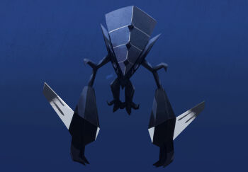 alternate_color black_gemstone blue_background claws commentary_request crystal ewokakukaede floating full_body gem gen_7_pokemon head_down highres legendary_pokemon necrozma necrozma_(normal) nintendo no_humans pokemon pokemon_(creature) pokemon_focus shiny_pokemon signature solo spikes