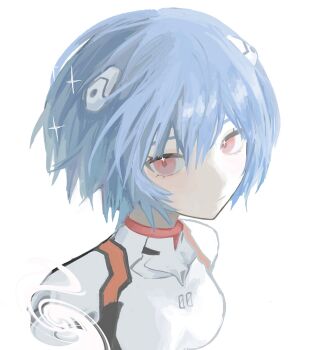 1girl ayanami_rei blue_hair bodysuit commentary highres interface_headset_(evangelion) looking_at_viewer mecha_pilot_suit neon_genesis_evangelion plugsuit_(evangelion) red_eyes short_hair simple_background solo sou_(syuuo) upper_body white_background white_bodysuit