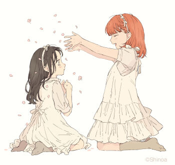 2girls aged_down black_hair falling_petals hairband highres kakmxxxny06 kneeling kono_koi_wo_hoshi_ni_wa_negawanai kousaka_fuyuki multiple_girls no_shoes petals red_hair shirai_eri socks tears