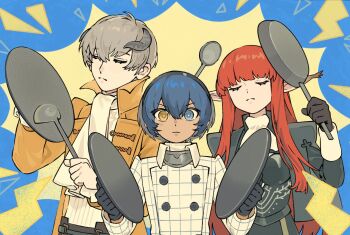 Rule 34 | 1girl, 2boys, armor, ascot, black armor, black gloves, blue eyes, blue hair, breastplate, brown jacket, buttons, closed eyes, closed mouth, commentary, favilia, gloves, grey hair, grey horns, height difference, heterochromia, holding, horns, hulkenberg (metaphor: refantazio), jacket, long hair, long sleeves, metaphor: refantazio, multiple boys, open clothes, open jacket, pointy ears, protagonist (metaphor: refantazio), red hair, scarf, short hair, strohl (metaphor: refantazio), white ascot, white jacket, white scarf, yellow eyes