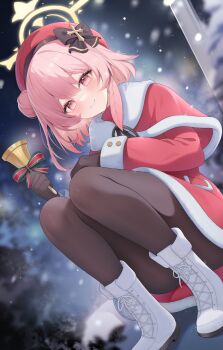 Rule 34 | 1girl, absurdres, bell, black bow, black gloves, black pantyhose, blue archive, blurry, blurry background, blush, boots, bow, capelet, closed mouth, depth of field, dress, dutch angle, feather hair, feathers, fur-trimmed capelet, fur trim, gloves, hair bun, hair ornament, halo, hand up, handbell, hat, hat bow, highres, holding, holding bell, holly hair ornament, kooriais, long sleeves, looking at viewer, official alternate costume, pantyhose, pink eyes, pink feathers, pink hair, red capelet, red dress, red hat, santa costume, santa dress, serina (blue archive), serina (christmas) (blue archive), short hair, single hair bun, single side bun, smile, snow, snowing, solo, squatting, white boots, yellow halo